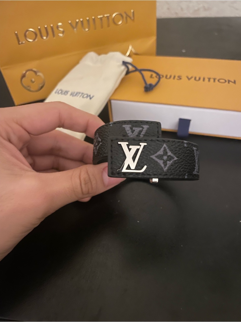 Louis Vuitton Black Monogram LV Leather Bracelet with Silver Logo